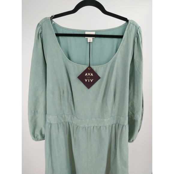 Ava‎ & Viv A-Line Dress 2X Balloon 3/4 Sleeve Tiered Cotton Tie Back Teal NWT - Picture 5 of 14